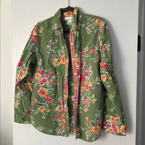 JONES NEW YORK Sport Lady Top shirt button up Flowers green size Large!
